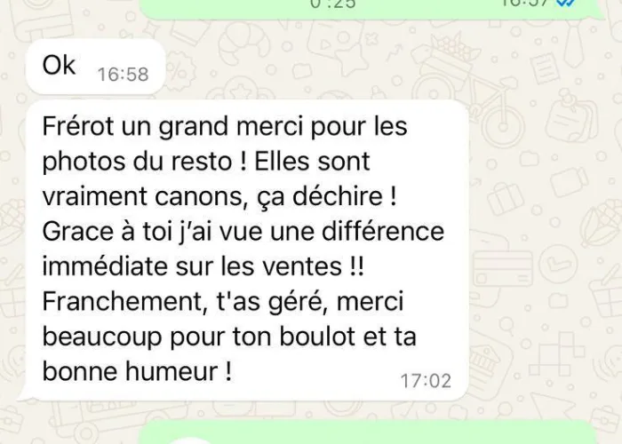 Message d’un restaurateur : une différence immédiate sur les ventes après les photos.